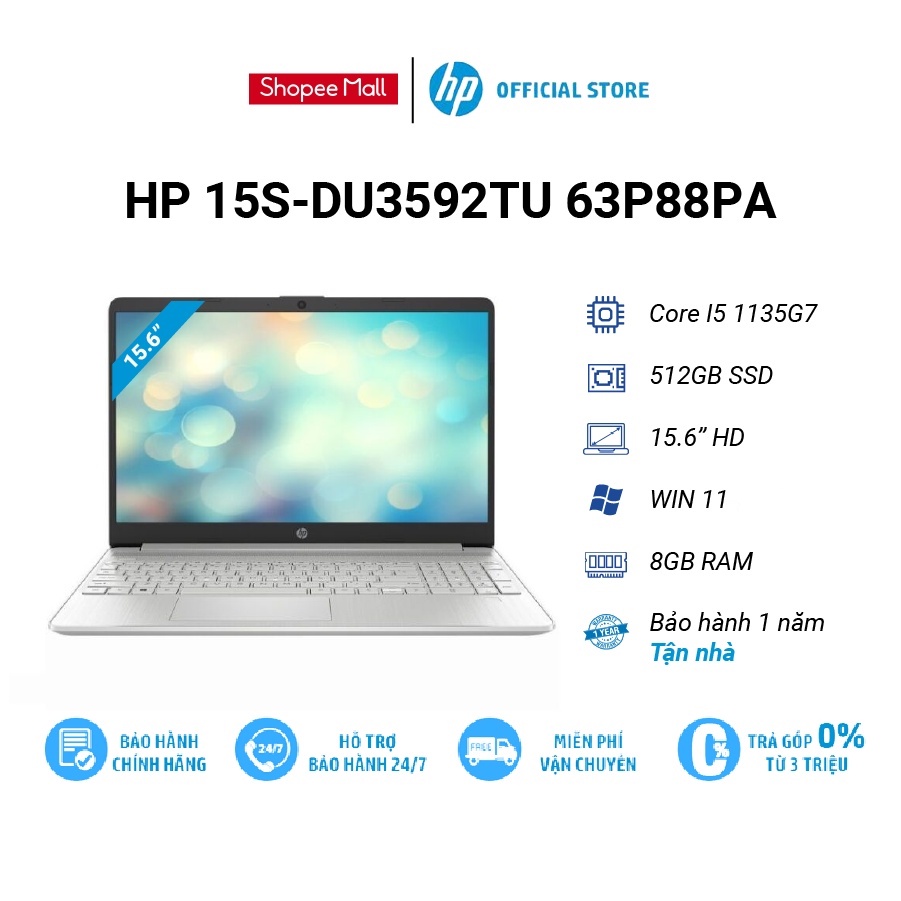 Laptop HP 15s-du3592TU 63P88PA |i5 1135G7| Ram 8G|512GB |15.6″ HD |Win11|