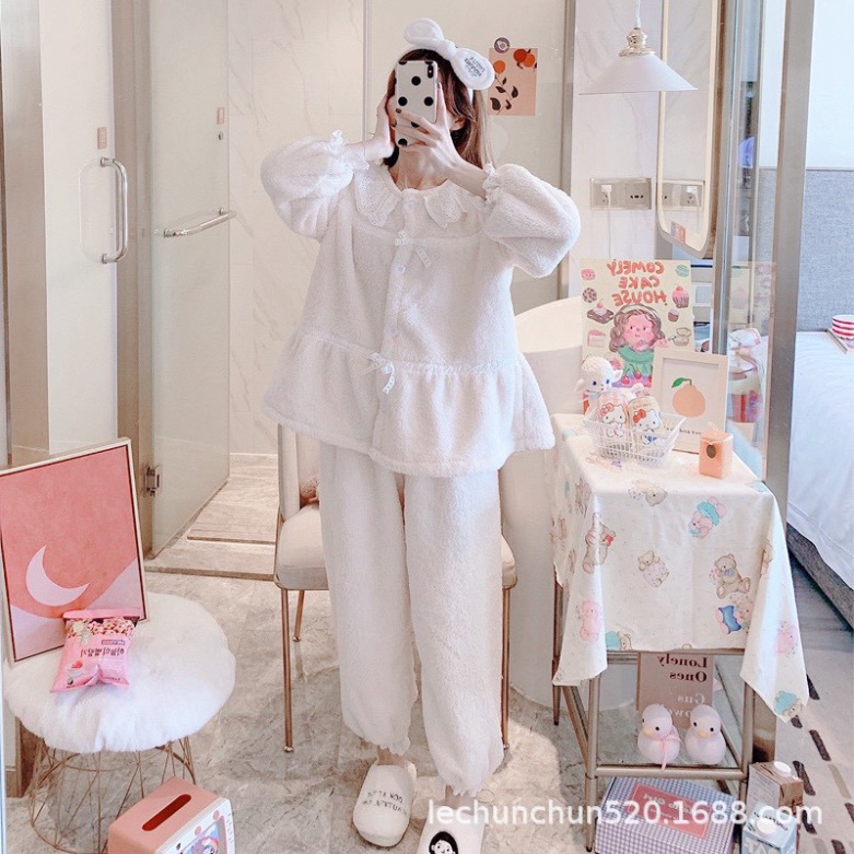 Bộ đồ mặc nhà thu đông nữ, bộ ngủ nữ lông phối viền màu trắng điệu đà chất đẹp, thoáng hút mồ hôi