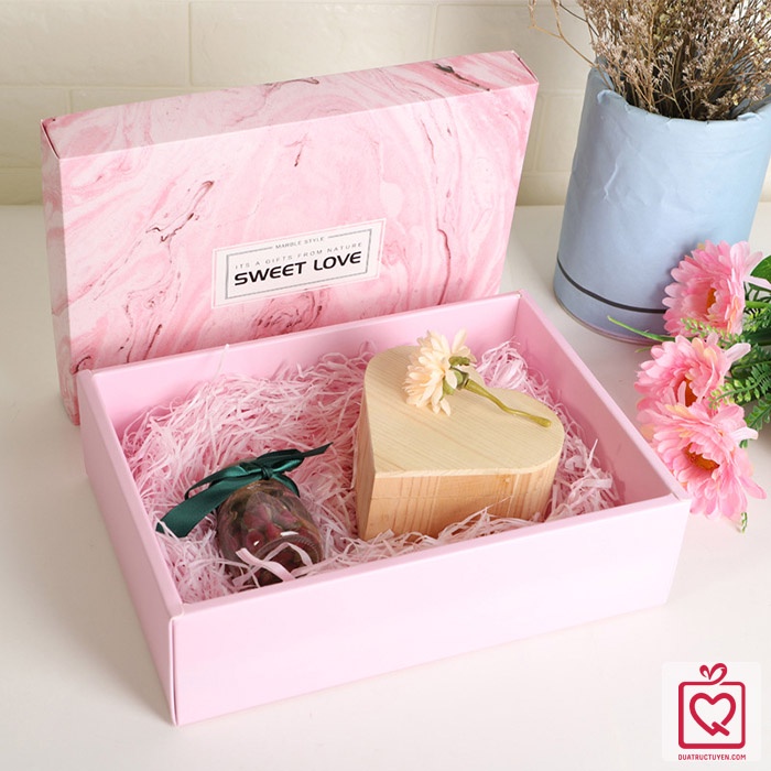 Hộp đựng quà hình chữ nhật vân đá kèm túi 30.5x22x10cm, hộp giấy đựng quà sang trọng