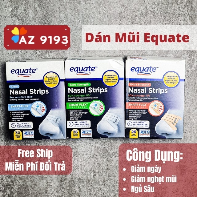 [Mua Tại Mỹ] Miếng Dán Mũi Equate Nasal Strips - Giảm Ngáy Khi Ngủ, Giúp Hô Hấp Tốt, Ngủ Ngon, Giảm Nghẹt Mũi - Az 9193