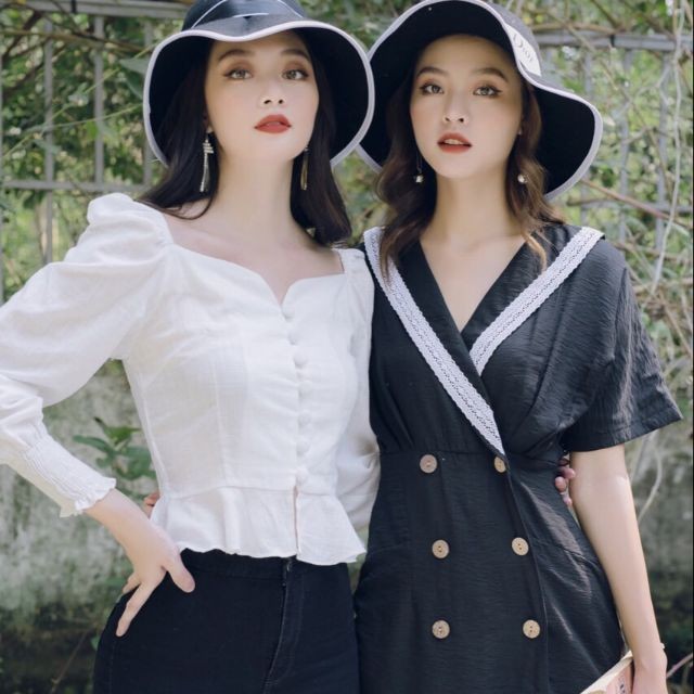 Áo peplum tay dài nút bọc