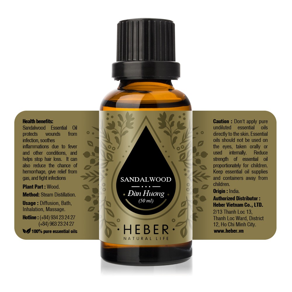 Tinh Dầu Đàn Hương Heber Natural Life- Sandalwood, Cao Cấp Nhập Khẩu, Thiên Nhiên Nguyên Chất Xông Phòng 10ml/30ml/50ml