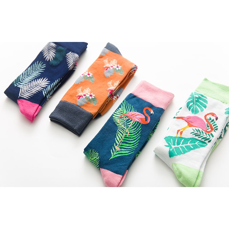 Vớ hoạ tiết nam nữ Cotton Unisex cổ cao phối hoạ tiết lá cây