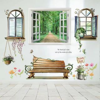 Decal dán tường hàng nghế cửa sổ xanh