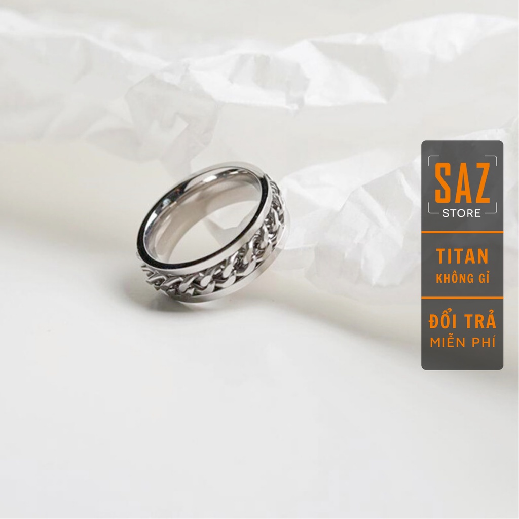 Nhẫn nam nữ SAZ xích gắn kèm xoay được màu bạc thời trang chất Titan đẹp đơn giản không gỉ - Nhẫn TIN