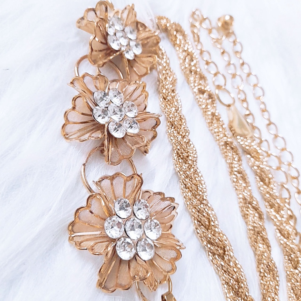 Dây đai váy 3 bông hoa đính đá, thắt lưng móc xích hợp kim nữ