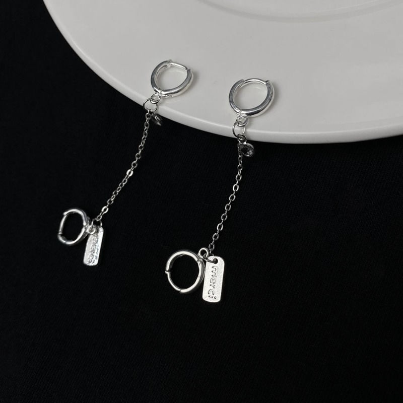 Khuyên Tai Tròn Mặt Chữ Phối Sợi Xích Cá Tính Cổ Điển Phong Cách Hàn Quốc