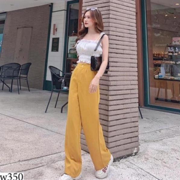 TBO-Sét áo 2 dây nhún bèo kèm quần vàng ống rộng sexy sang chảnh áo trắng trễ vai thời trang TASA