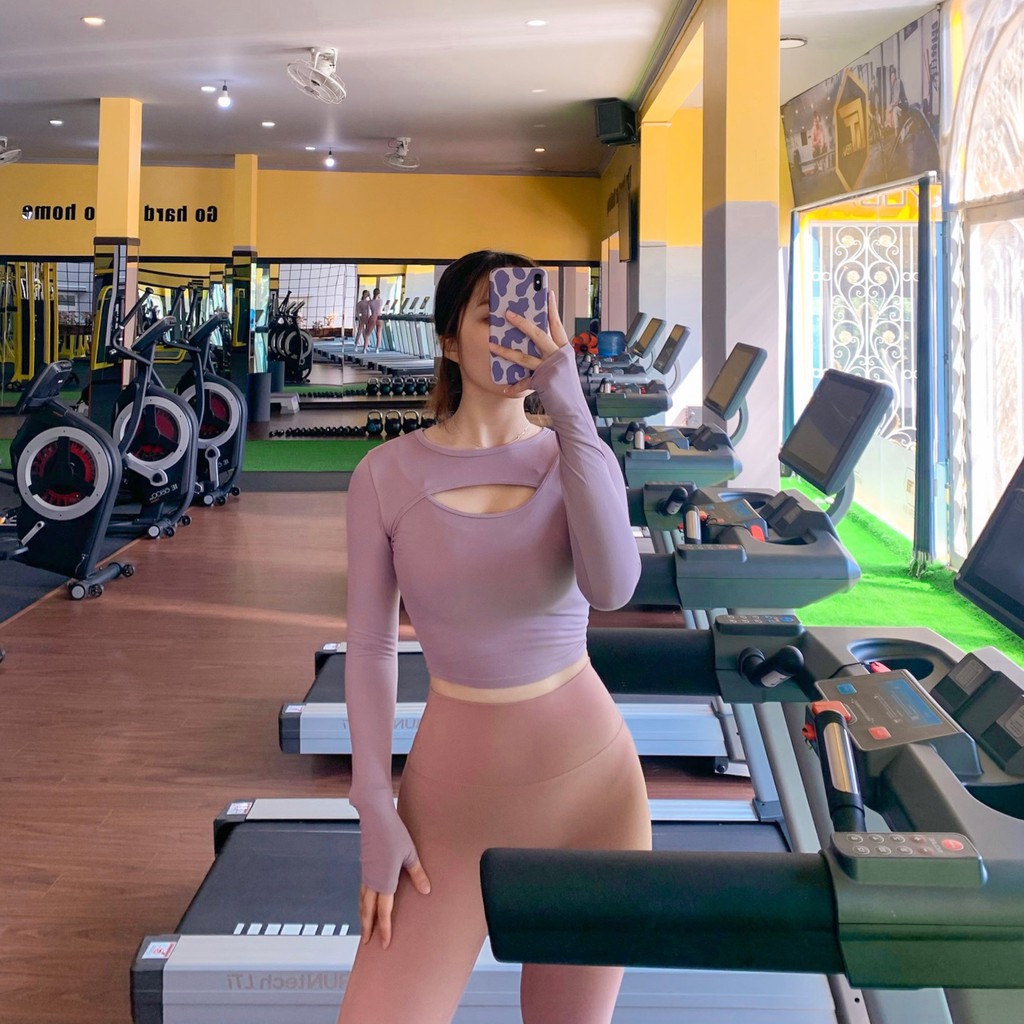 Áo Tập Gym Nữ [CROPTOP] Tay Dài Khoét Ngực Cong Cao Cấp [ĐỒ TẬP GYM NỮ]