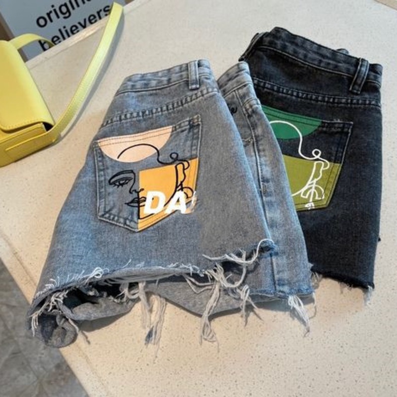 Quần đùi denim RENJIANVSHENG thiết kế rách màu sắc tương phản thời trang cá tính dành cho nữ