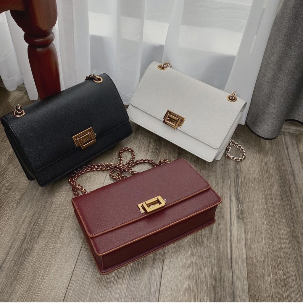 Túi xách nữ đeo chéo đẹp Charles and Keith chữ nhật da trơn xách, kẹp nách size 24cm