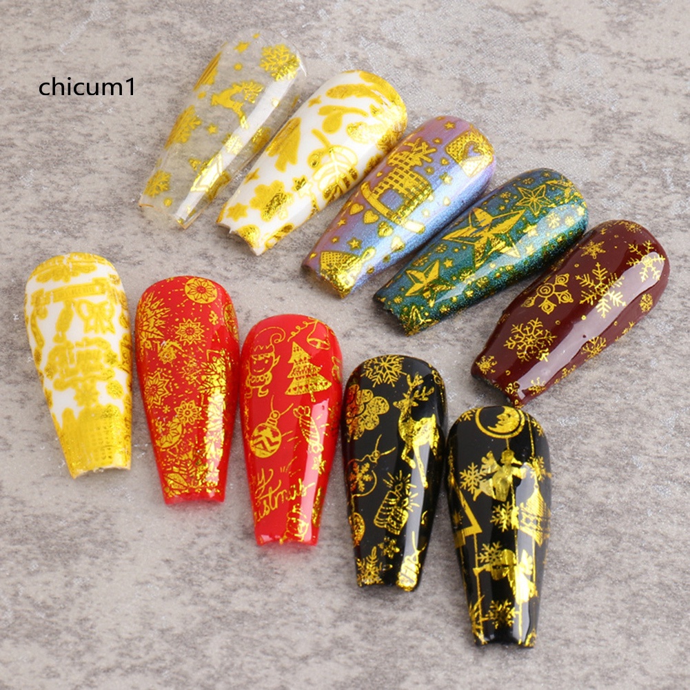 (Hàng Mới Về) Set 10 Miếng Dán Trang Trí Móng Tay Họa Tiết Bông Tuyết Giáng Sinh