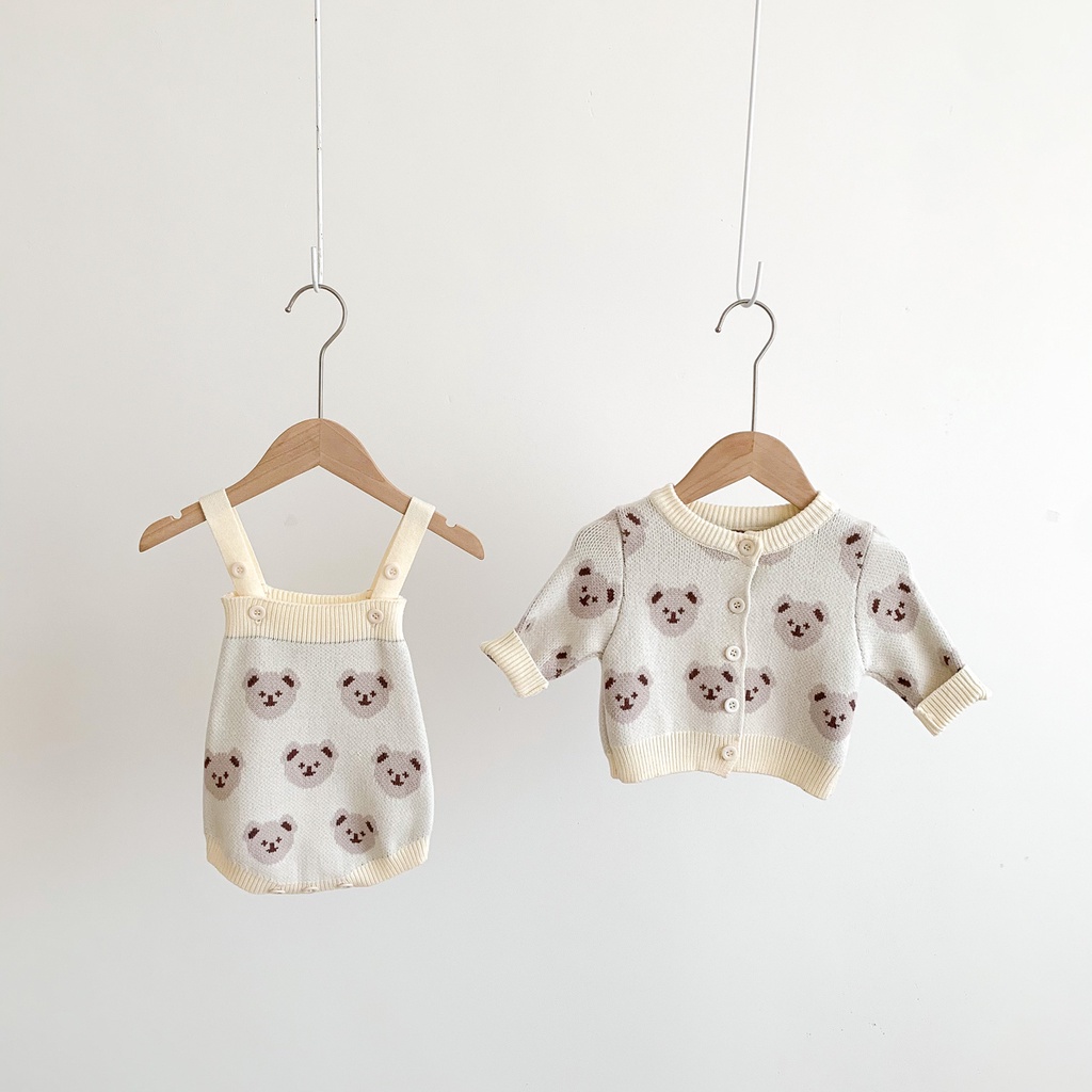 Bộ Áo Liền Quần Cardigan Tay Dài In Hình Gấu Dễ Thương Thời Trang Thu Đông Cho Bé Gái