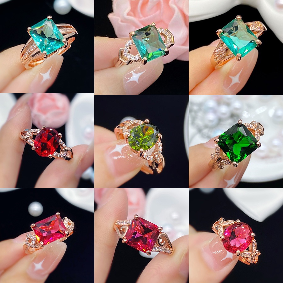 Nhẫn Mạ Bạc S925 Đính Đá Zircon Đỏ Xanh Lá Và Vàng Hồng Thời Trang Cho Nữ