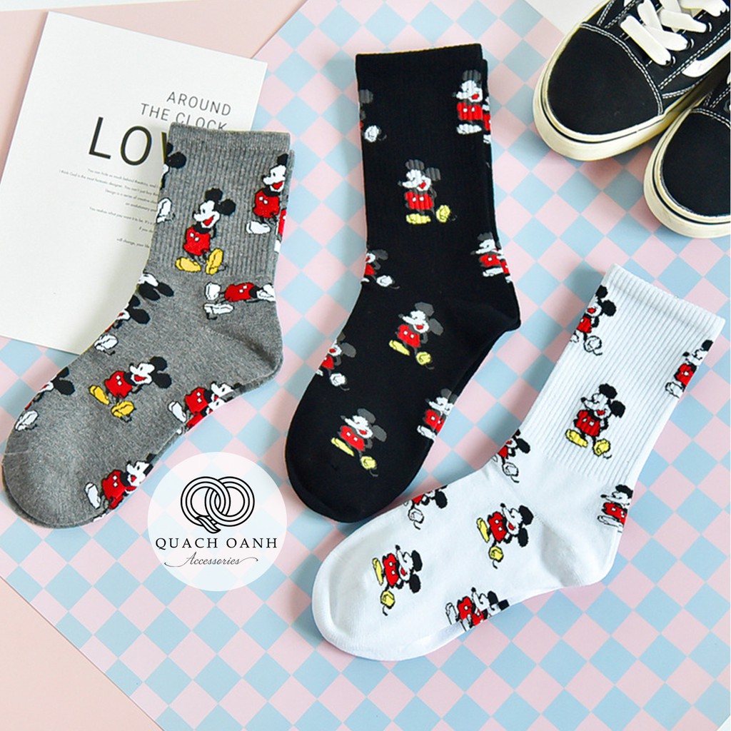 Tất vớ cotton nữ cổ cao họa tiết chuột Mickey dễ thương - TT11