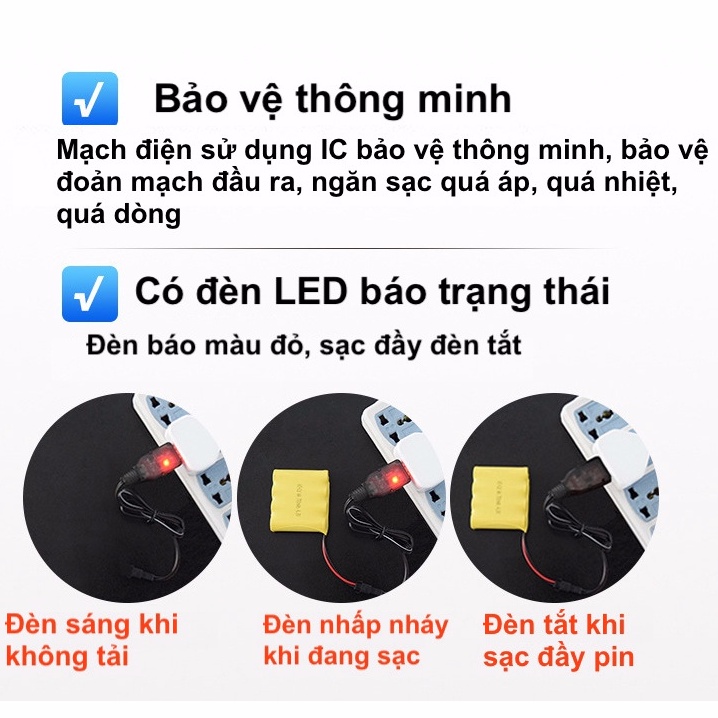 Dây sạc pin 6V xe điều khiển từ xa dùng cho pin Ni-Mh hoặc Ni-Cd cắm cổng USB, sạc điện thoại