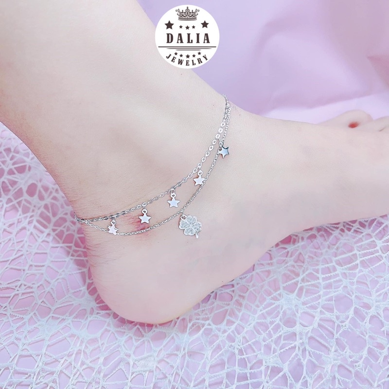 Lắc chân bạc ta DaLiA Jewelry dây kép cỏ 4 bốn lá bền chặt