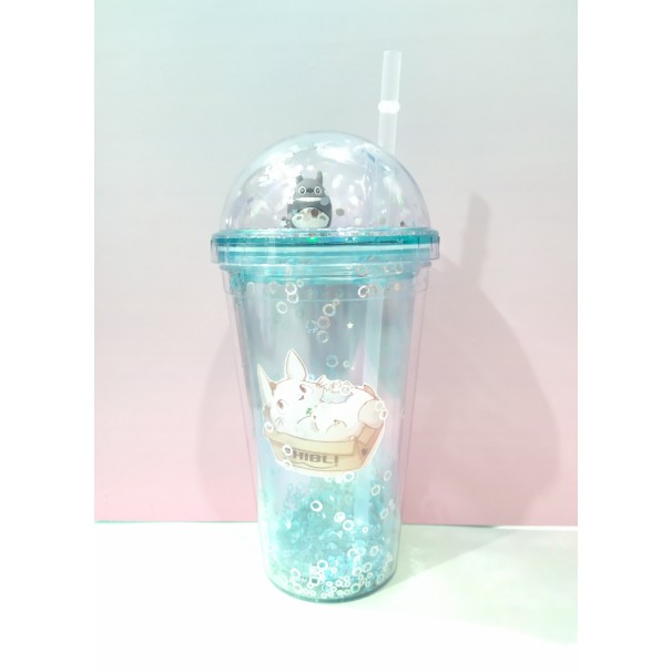 cốc 2 lớp kim tuyến totoro khủng long nắp cầu CNCKI16 cốc giữ nhiệt ly 2 lớp nắp cầu cốc làm lạnh dễ thương 500ml