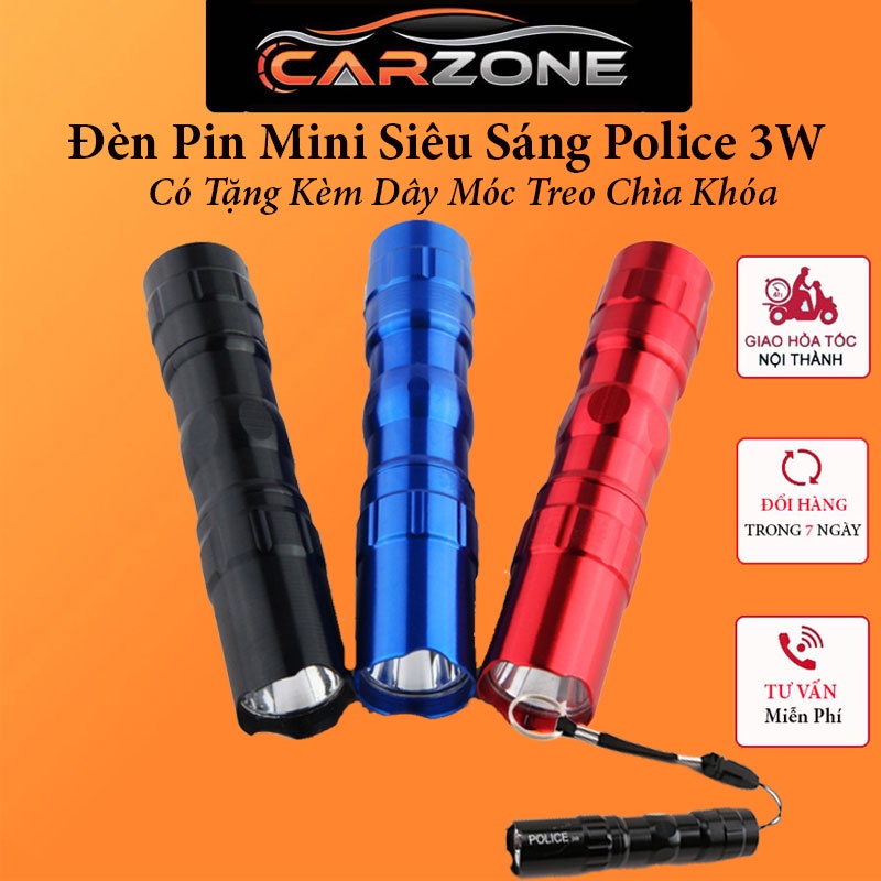 Đèn Pin Mini Siêu Sáng Police 3W – Có Tặng Kèm Dây Móc Treo Chìa Khóa CARZONE.TOP