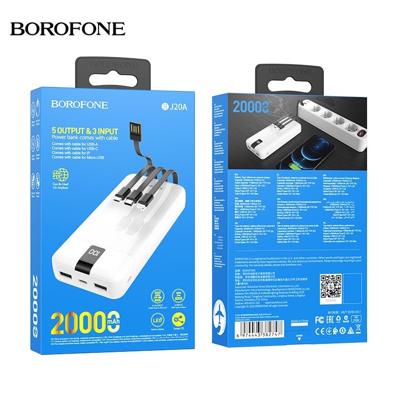 Pin Sạc Dự Phòng Borofone BJ20A 20000mah 3 Dây Sạc Tiện Lợi Có LCD