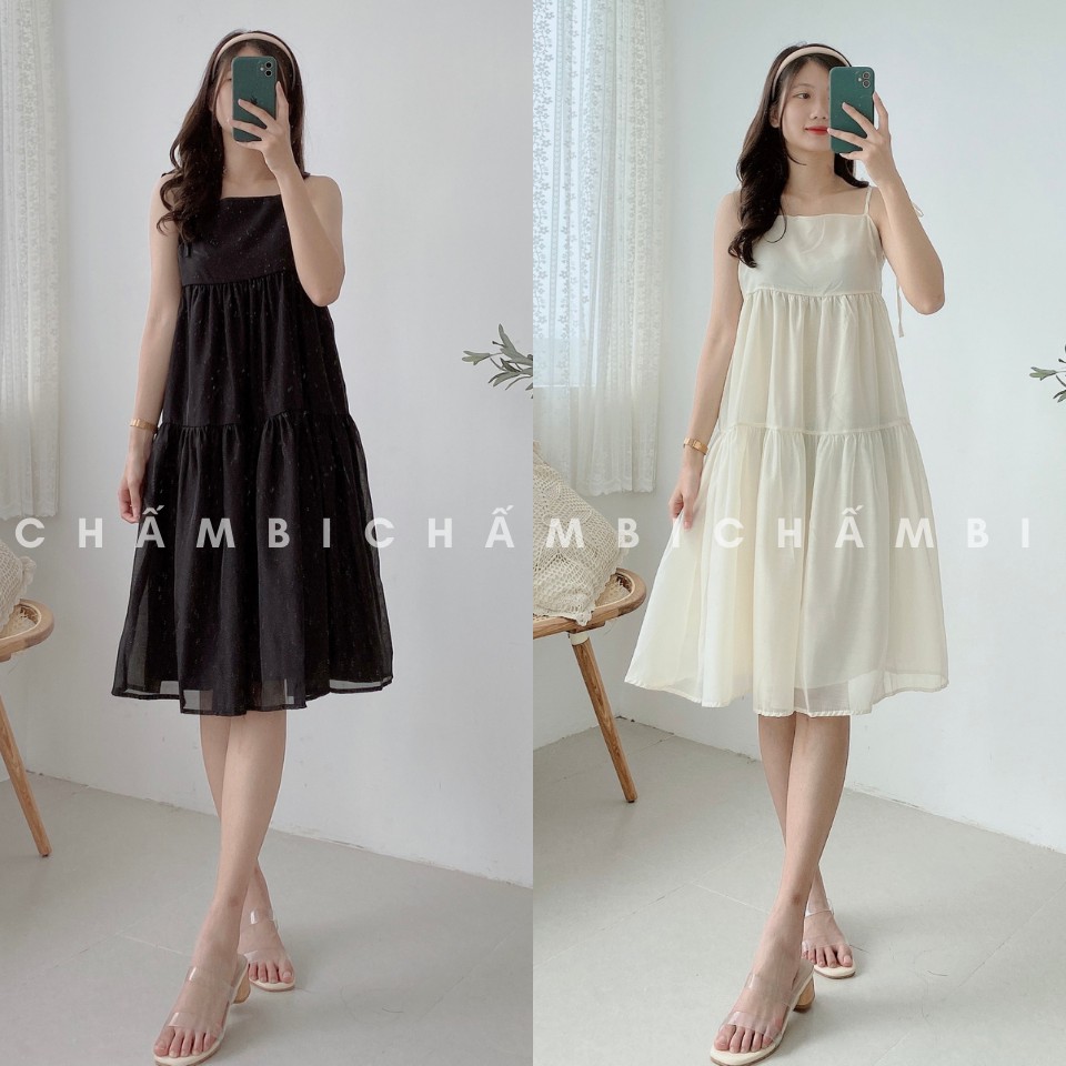 Váy kiểu Hàn Quốc V.069, váy voan tơ hai dây thắt nơ 3 tầng cực xinh | BigBuy360 - bigbuy360.vn