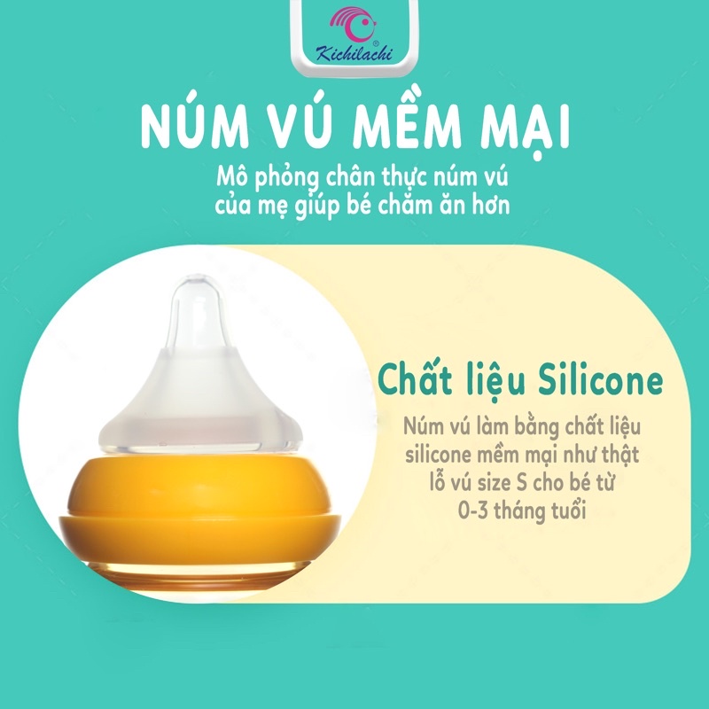 Bình sữa sơ sinh cổ rộng PPSU Kichilachi 90ml núm ti siêu mềm chống sặc và đầy hơi cho bé