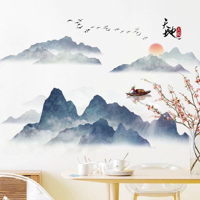 Decal dán tường phòng khách Núi xanh