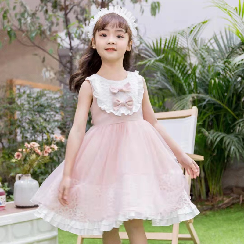 Đầm Công Chúa Phối Ren Lưới Đính Nơ Cho Bé Từ 4-8 Tuổi