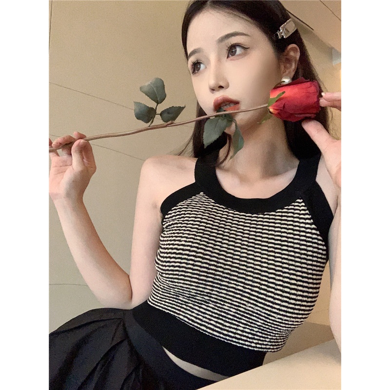 Áo Dệt Kim Hai Dây Dáng Ngắn Màu Sắc Tương Phản Phong Cách retro Hàn Quốc Thời Trang Cho Nữ