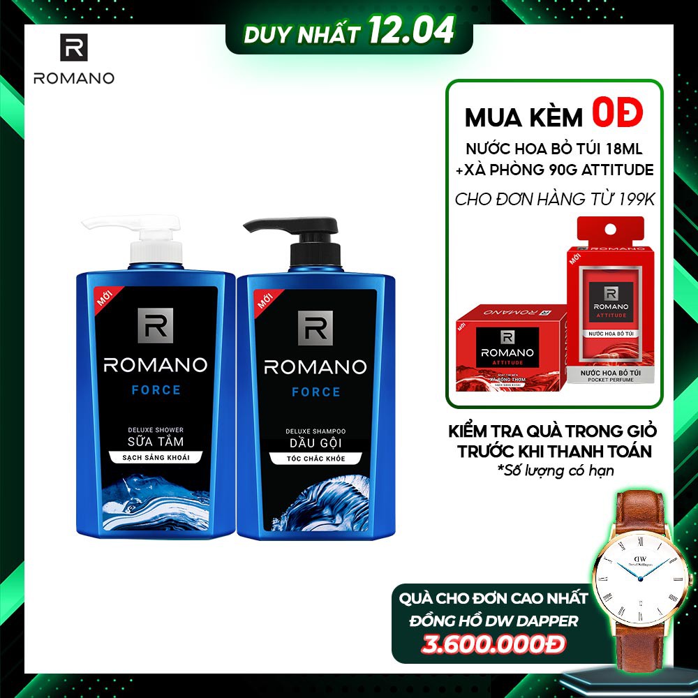 [Mã FMCGMALL giảm 8% đơn từ 250K] Combo Dầu gội và Sữa tắm Romano 650g/chai Force