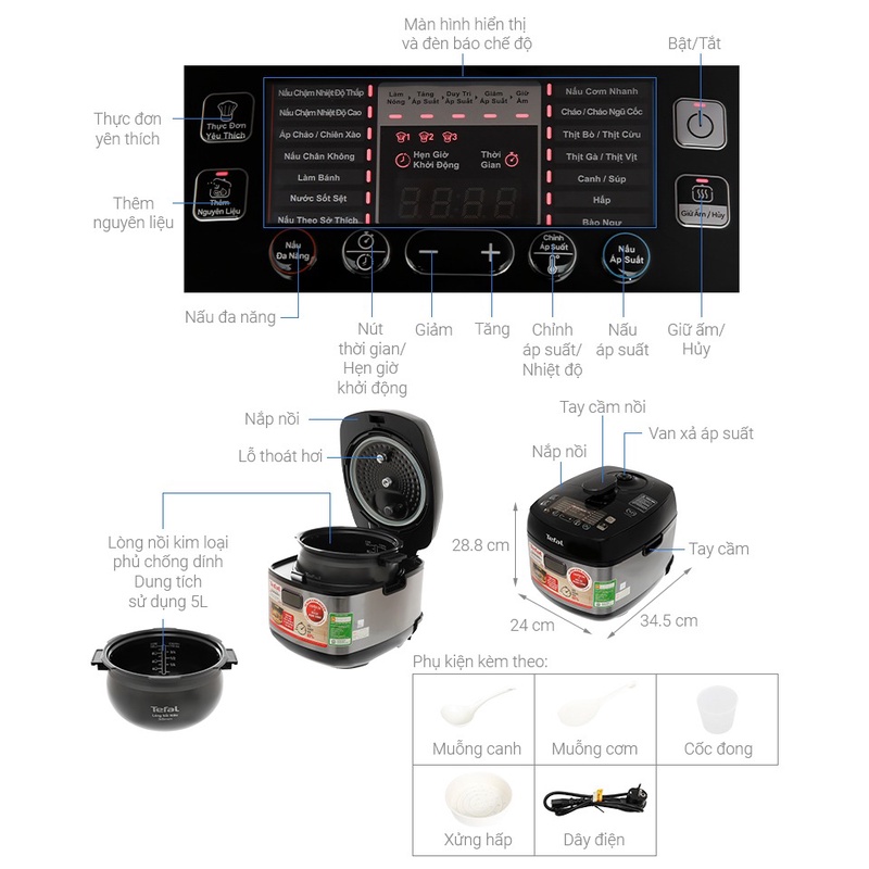 Nồi áp suất điện tử 5 lít đa năng lồng niêu chống dính Tefal Smart Pro CY625868 1000W - Hàng chính hãng