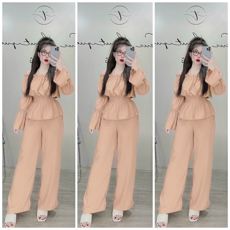 Set Bộ Trễ Vai Đũi Nhún Tay Phồng Quần Ống Rộng Em Comisss