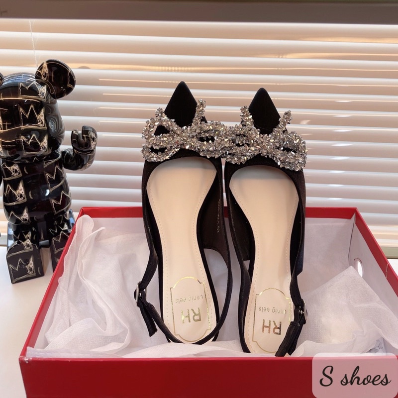 Guốc nơ đá quai sau chất lụa hàng cao cấp fullbox sandal cao gót bít mũi