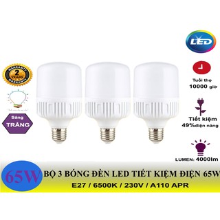 Bộ 3 bóng đèn 65W trụ tròn ánh sáng trắng- Siêu sáng, tiết kiệm điện, đuôi E27