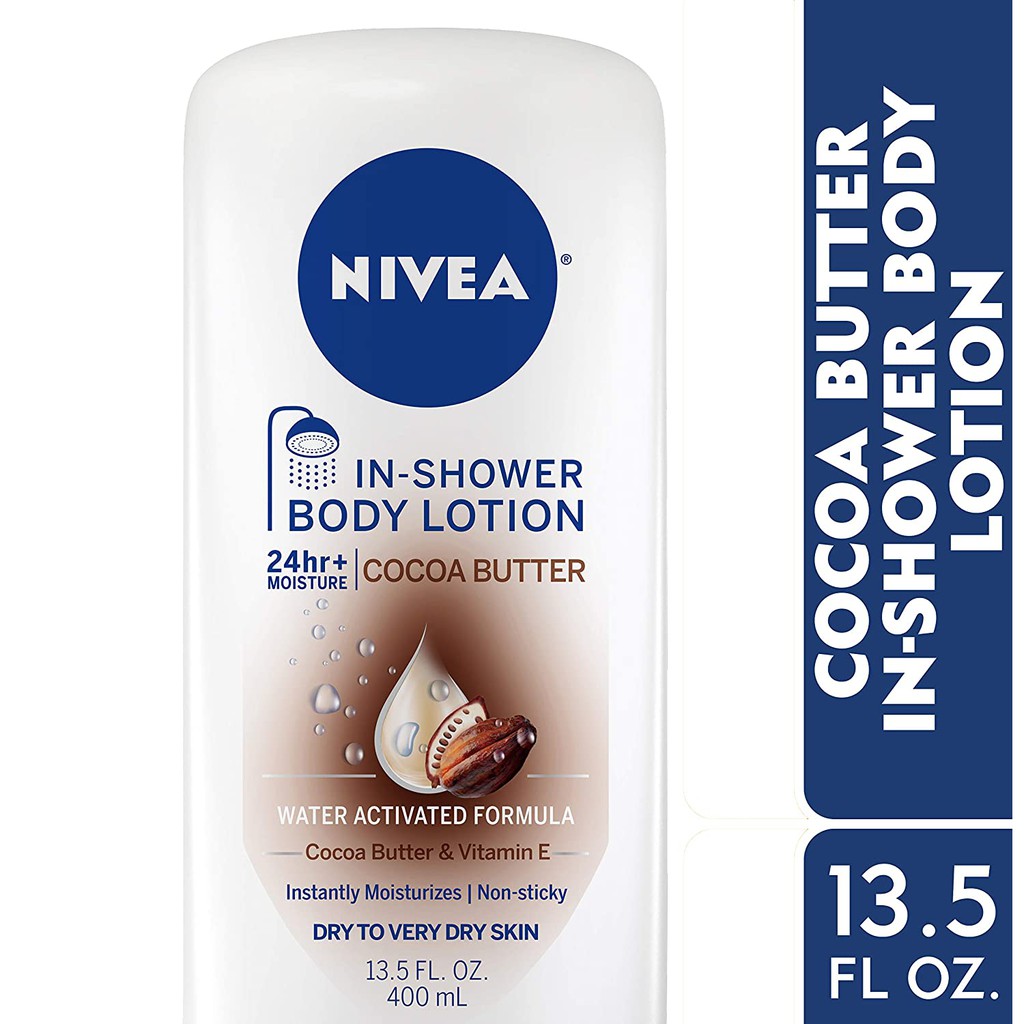 Dưỡng thể cho da khô dùng khi tắm Nivea Body In-Shower Cocoa Butter Body Lotion 24h+ Moisture 400ml (Mỹ)