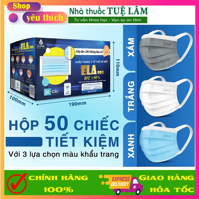 Khẩu trang y tế 4 lớp Ela pro màu xanh, xám, trắng thế hệ mới hộp 50 chiếc, quai vải bản to, không đau tai suốt 24h