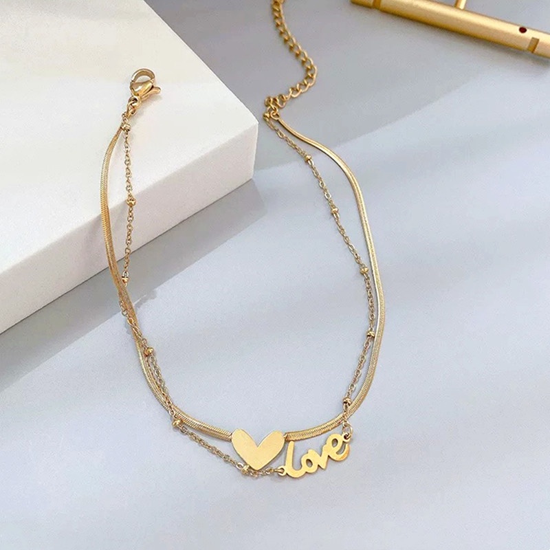 Lắc chân nữ thép titan nguyên chất 2 lớp mặt trái tim đơn giản phong cách Hàn Quốc thời trang thanh lịch