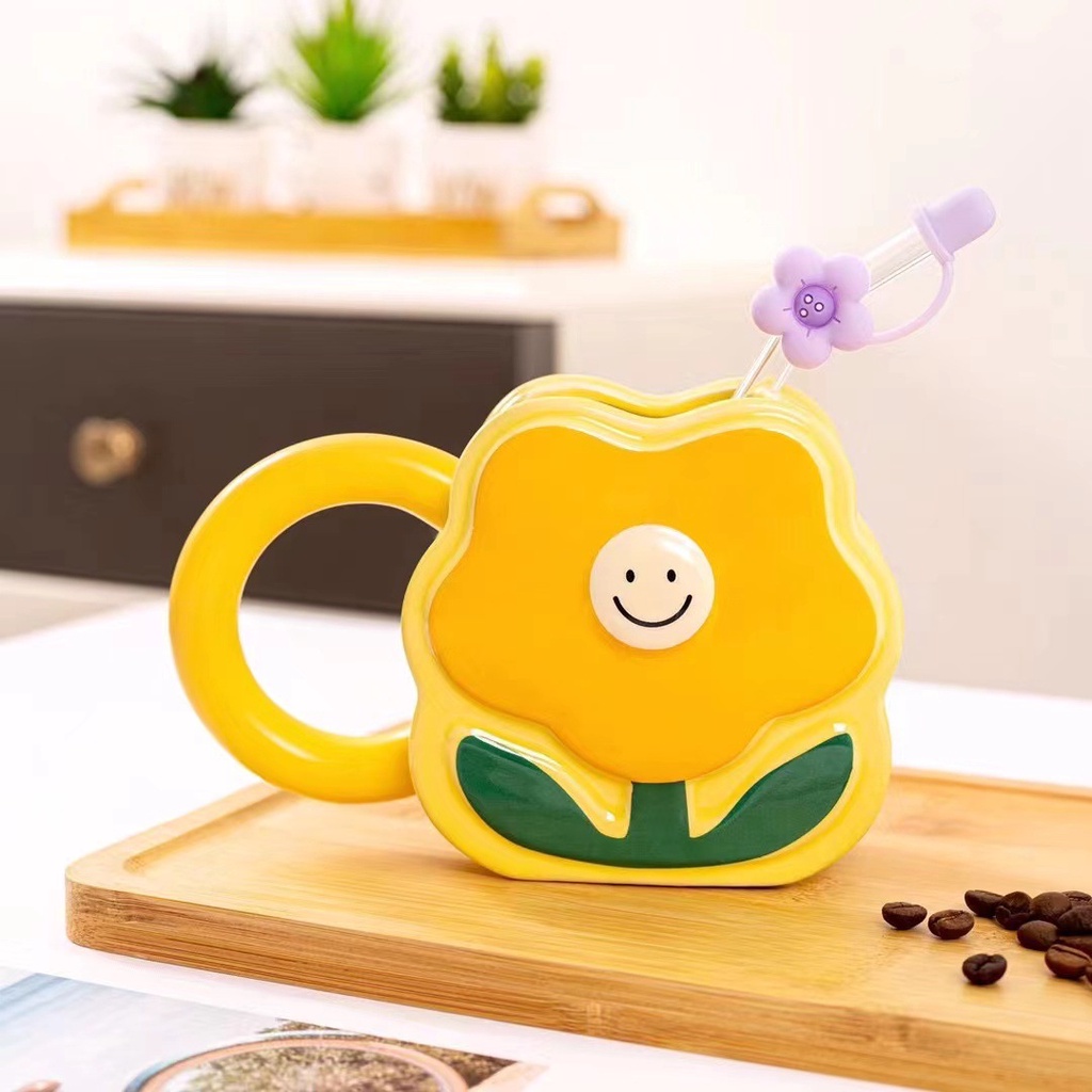 Cốc Uống Nước Bằng Gốm Sứ Cao Cấp Họa Tiết Hoa Dễ Thương