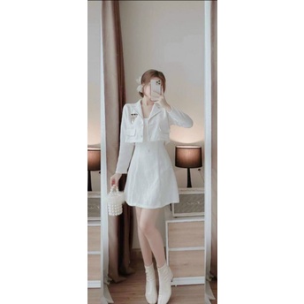 SET ĐẦM + ÁO KHOÁC CROP CHẤT VẢI DẠ BỐ
