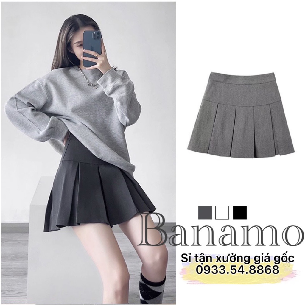 Chân váy tennis xếp ly to 3 màu trendy đen trắng xám thời trang Banamo Fashion  chân váy 5321