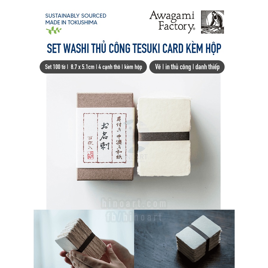 SET WASHI THỦ CÔNG KÈM HỘP AWAGAMI HANDMADE THICK 'TESUKI' BOXED BIZ CARDS 100 TỜ SIZE 8.7 X 5.1CM