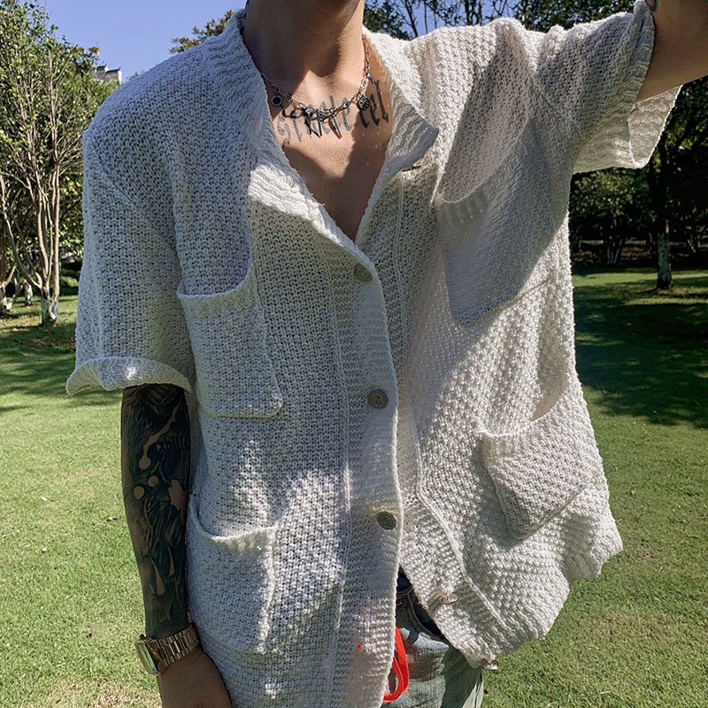 Áo khoác cardigan dệt kim mỏng tay ngắn màu trơn phong cách thời trang mùa thu 2021 dành cho nam