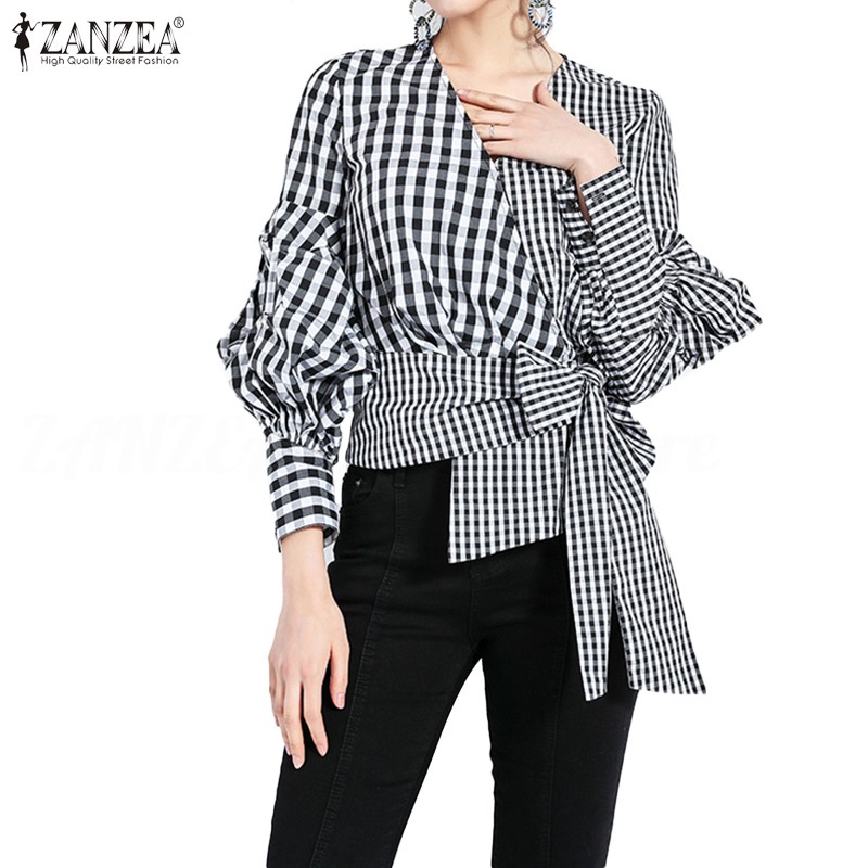 ZANZEA Áo kiểu nữ dài tay kẻ sọc ca rô thời trang Hàn Quốc Đẹp
