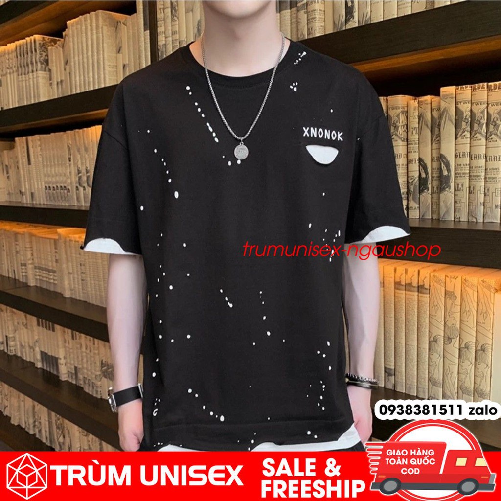 Áo thun unisex áo phông nam rộng XNONOK dạng rách kèm áo thật vải cotton đen trắng Trùm Unisex