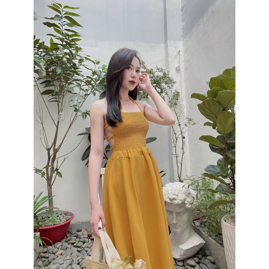 [HÌNH THẬT] Đầm maxi đi biển màu vàng nhún ngực hở lưng hot trend - MIXIZ HOUSE