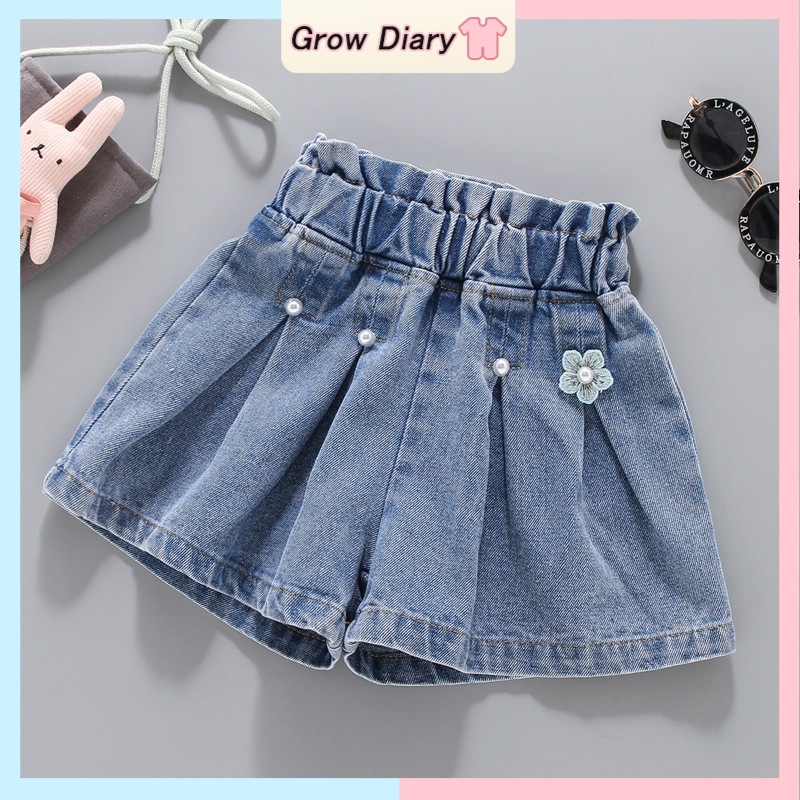 Quần Short Jean Viền Bèo Đính Ngọc Trai Thời Trang Cho Bé 3-7 Tuổi