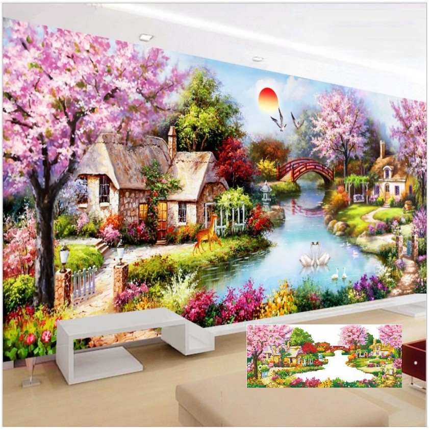 Tranh đính đá, tranh thêu chữ thập phong cảnh tổ ấm hạnh phúc