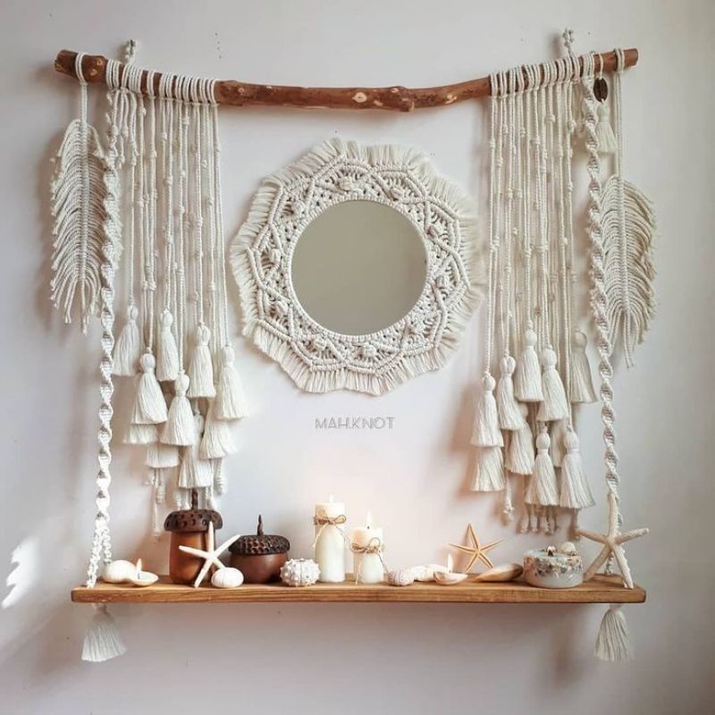 Gương Soi Macrame - Gương Kết Hợp Giá Gỗ Vintage - Hải Tặc Art Shop - Decor Phòng Ngủ