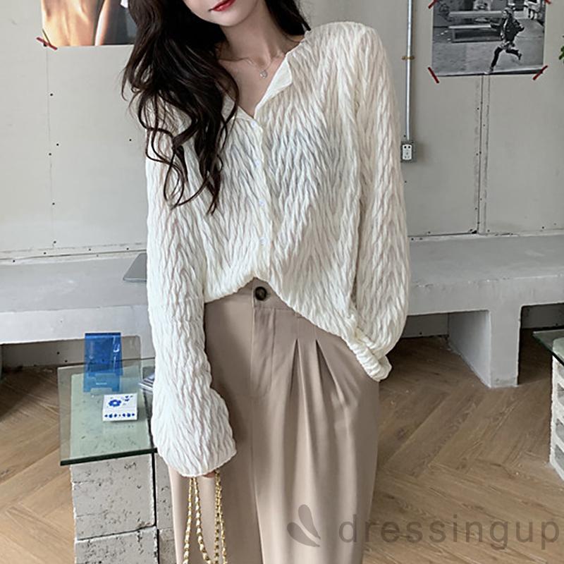 Áo nữ tay dài cổ chữ V cài nút màu sắc thời trang