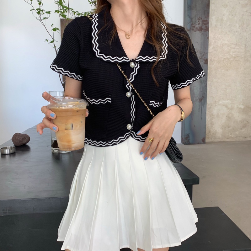 Áo cardigan IELGY dệt kim mỏng tay ngắn dáng rộng thời trang Hàn Quốc dành cho nữ